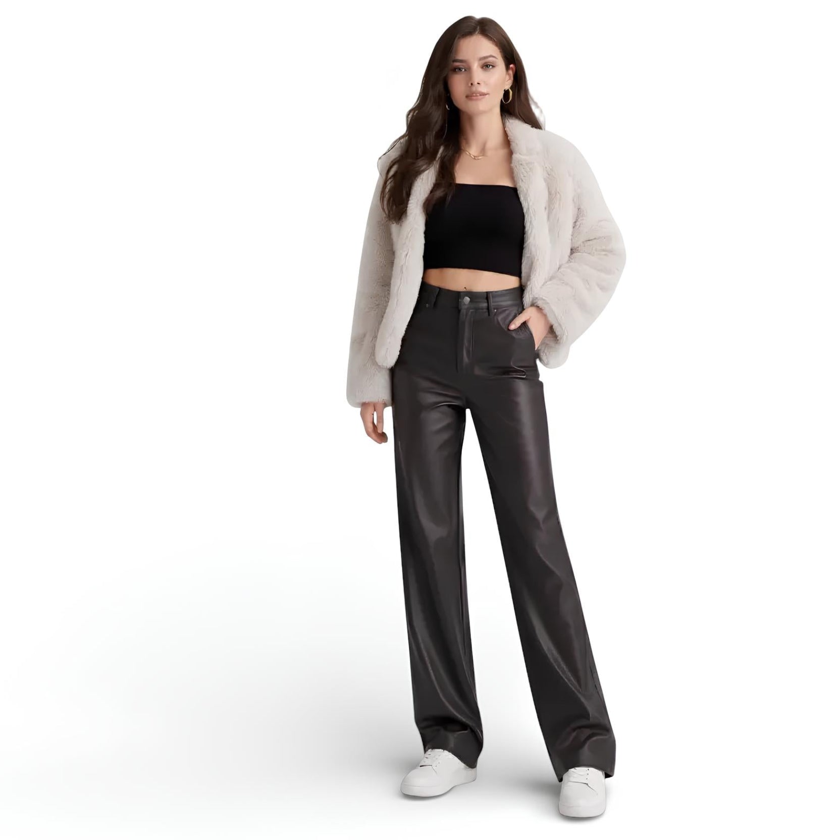 Pantalon taille haute style cuir-jambe large