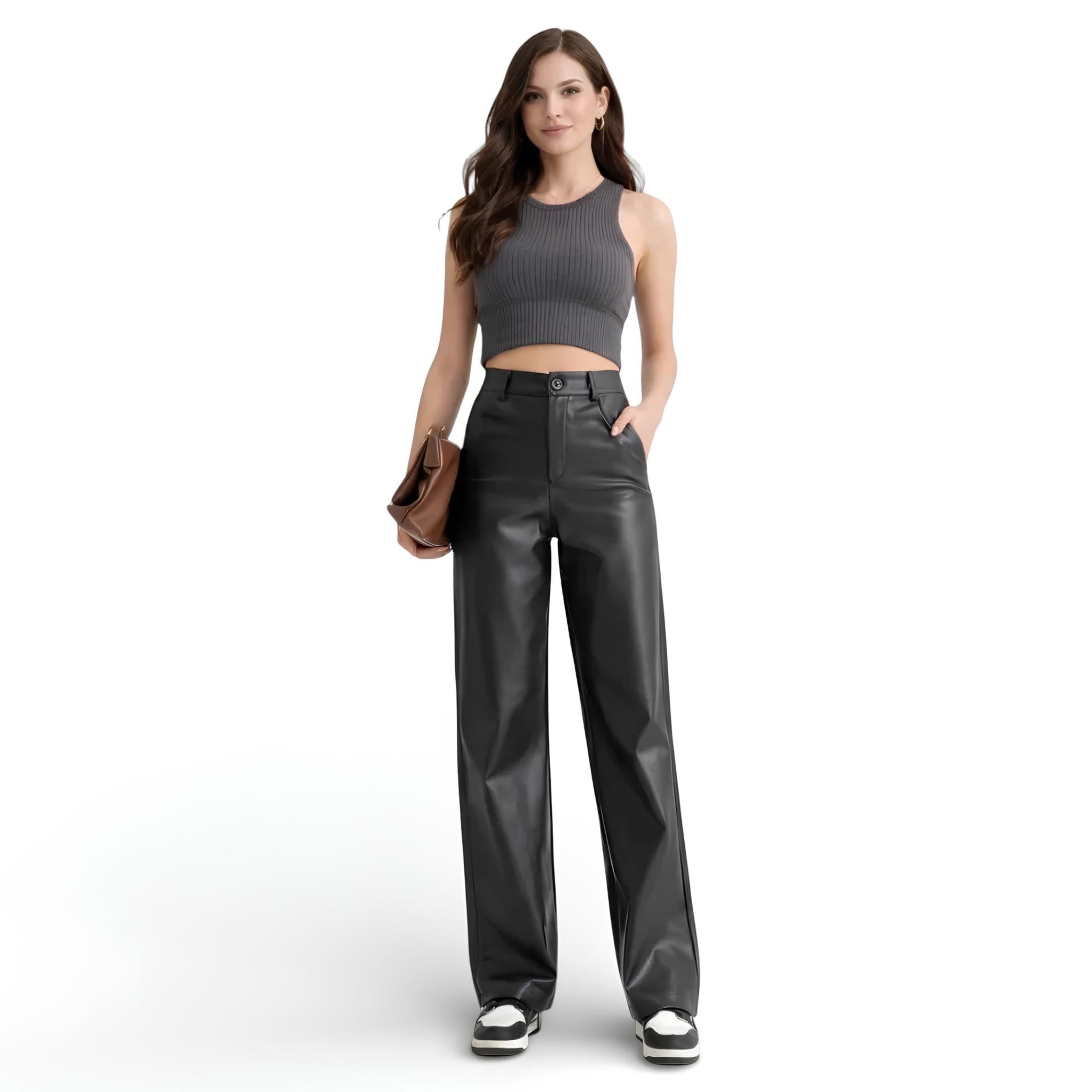 Pantalon taille haute style cuir-jambe large