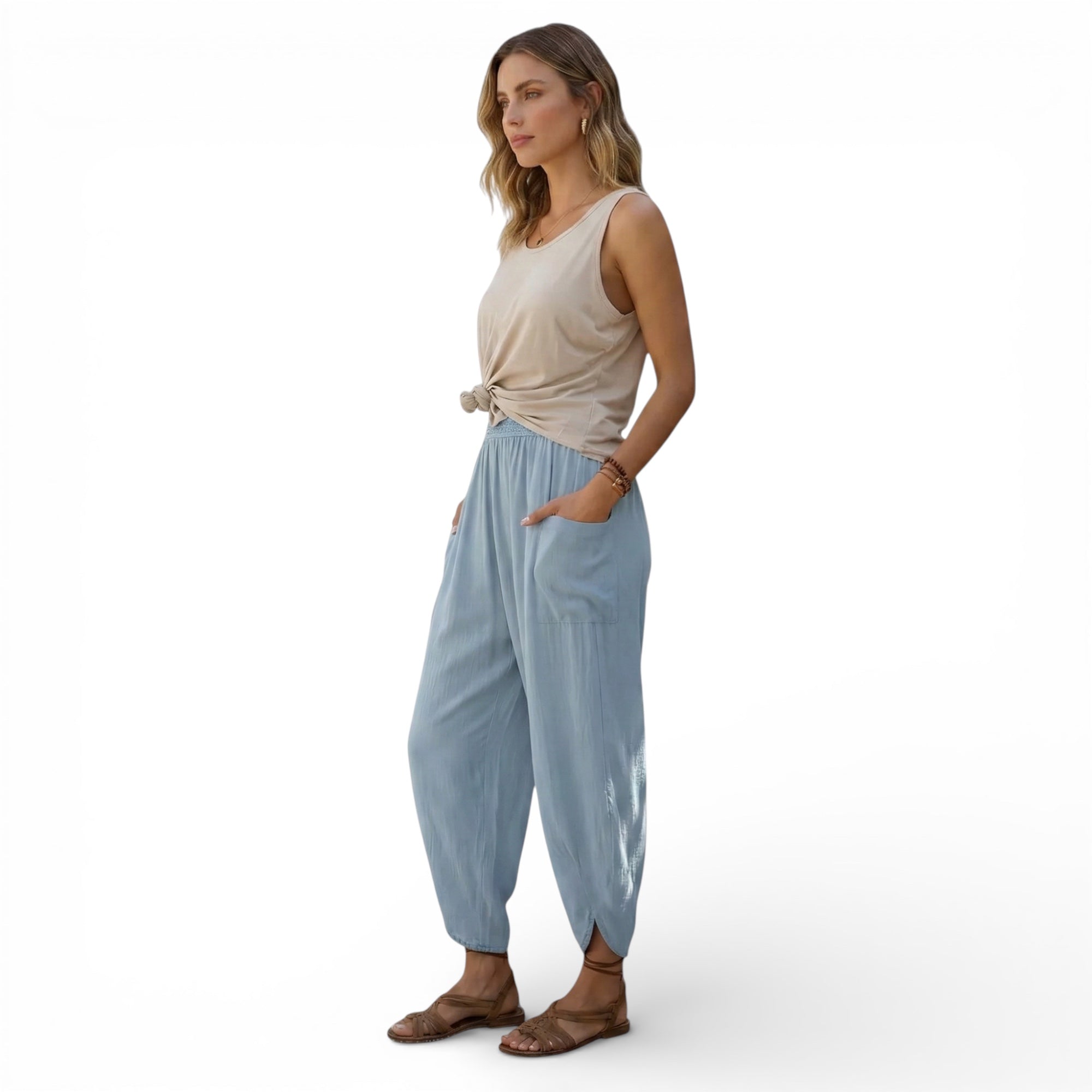 Pantalon  lin mélangé style "boho" vintage taille haute