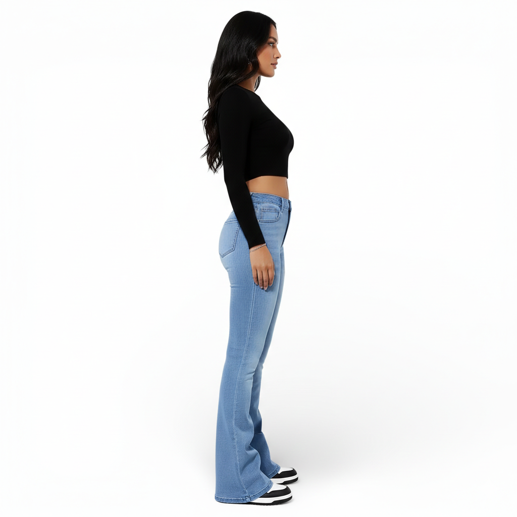 Pantalon jeans taille haute-coupe évasée