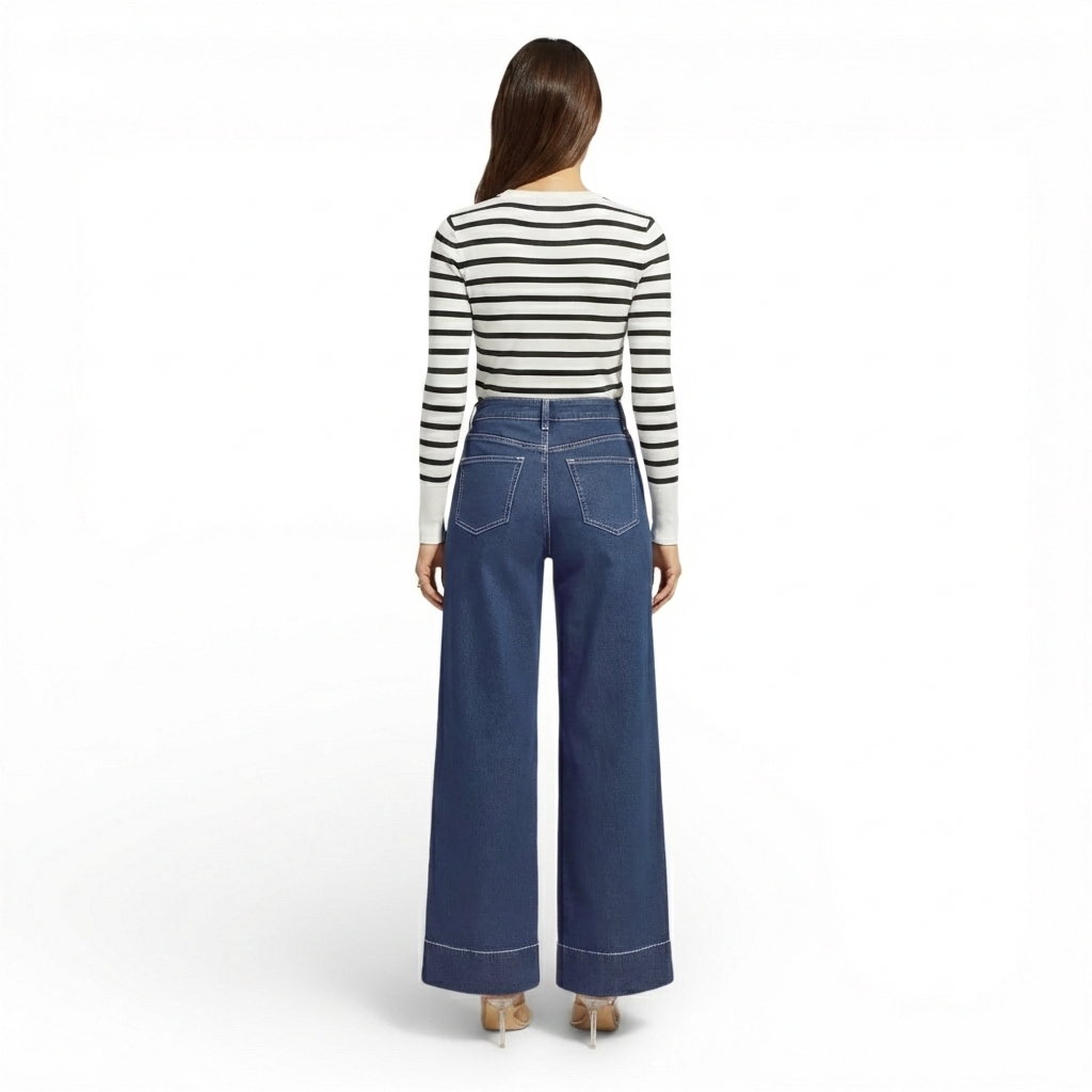 Pantalon jeans classique-taille haute-coupe large