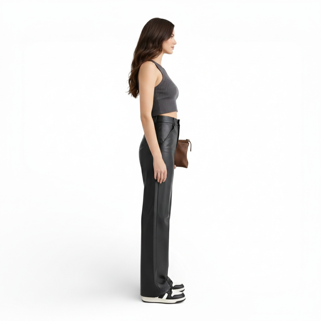 Pantalon taille haute style cuir-jambe large