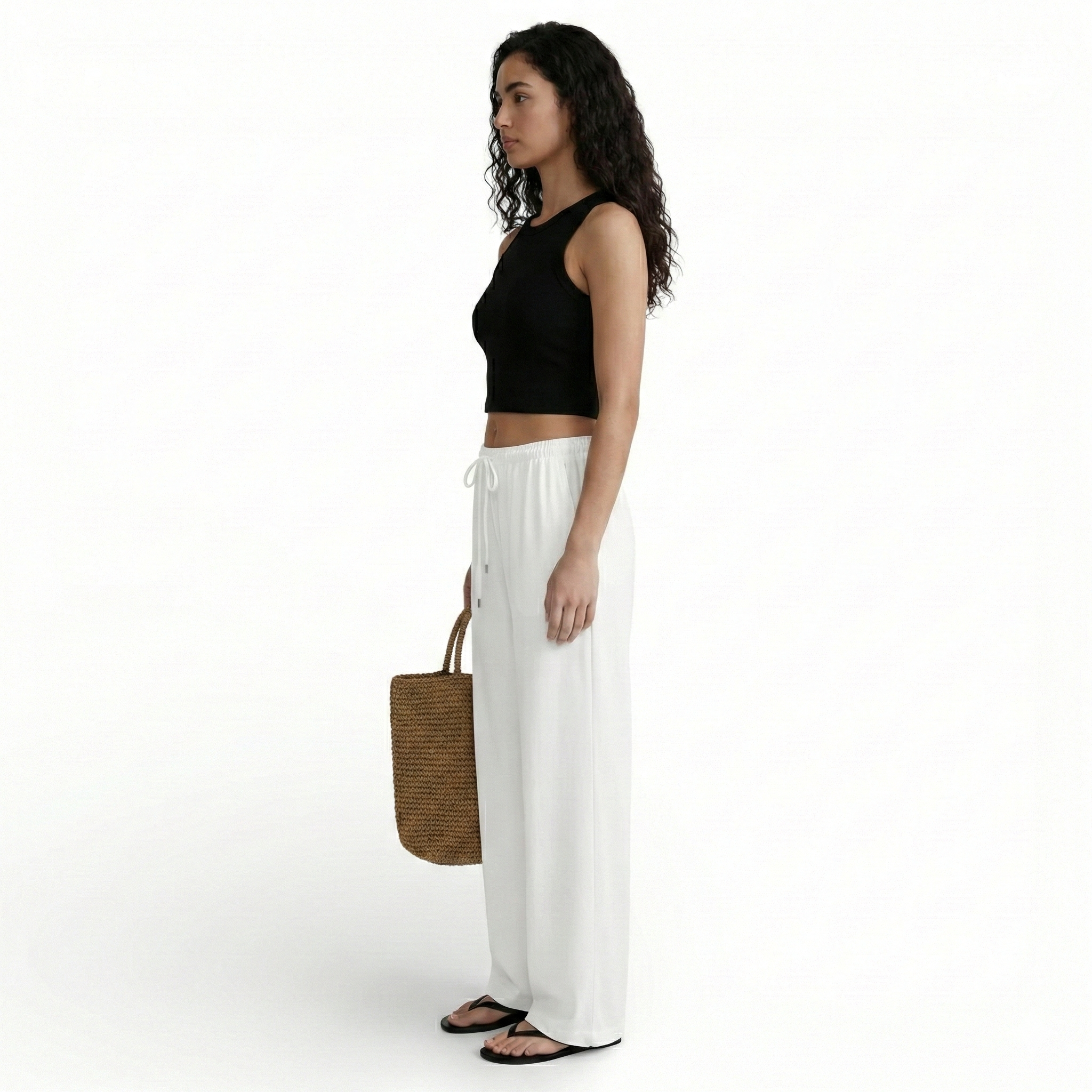 Pantalon lin mélangé  style slack à jambe large