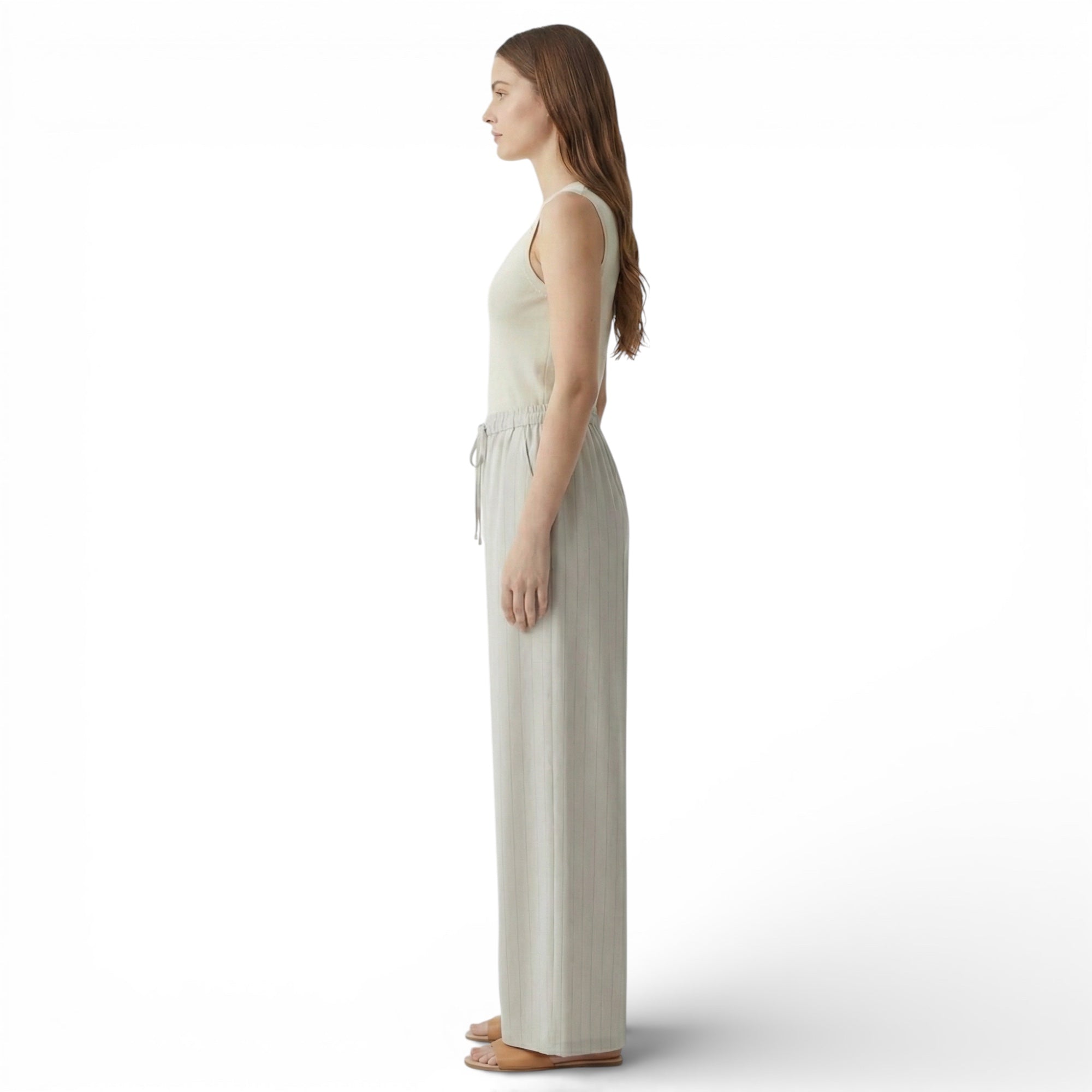 Pantalon en lin mélangé à rayures taille haute jambe large