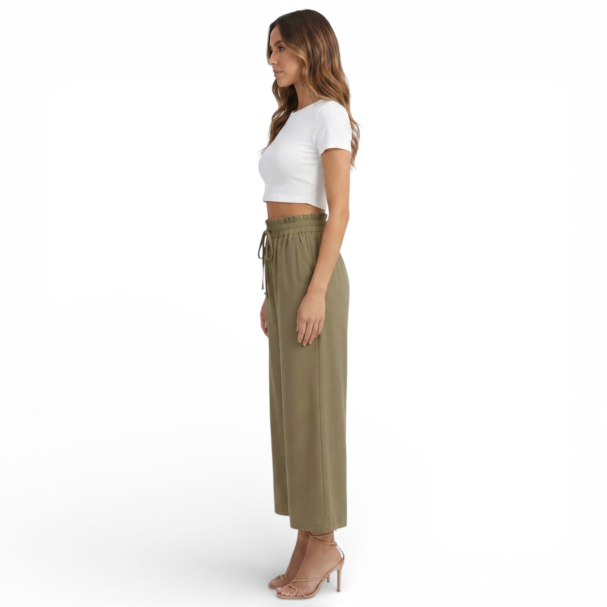 Pantalon fluide taille haute en lin mélangé