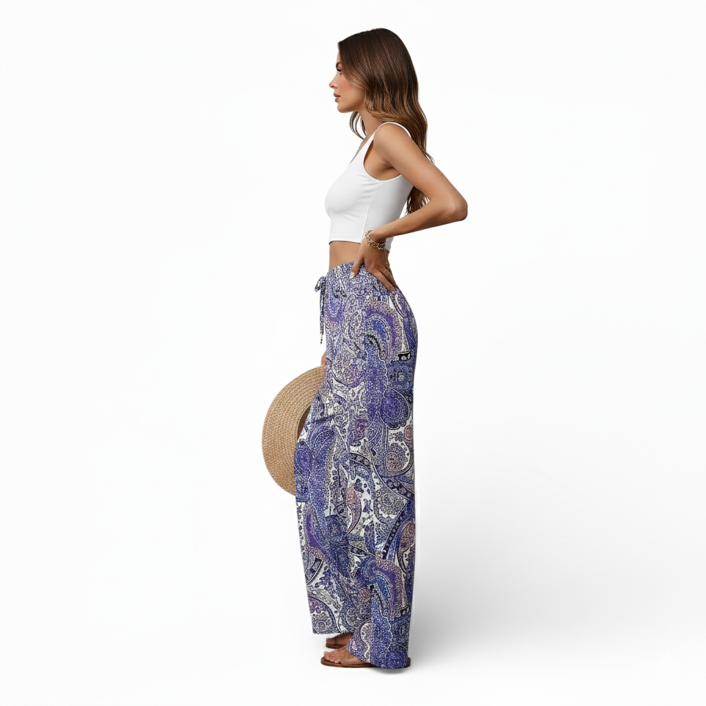 Pantalon Bohème imprimé taille haute-taille élastique