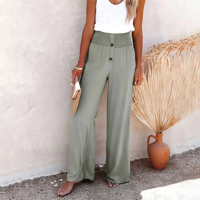L'Oasis – Pantalon Fluide Taille Smockée à Boutons