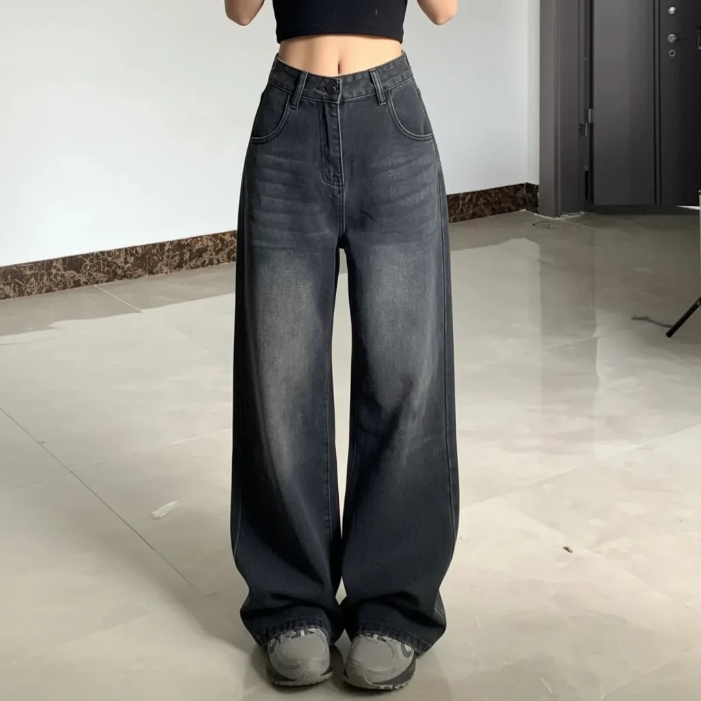 L'Urbain – Pantalon Jean Wide Leg Taille Haute Délavé