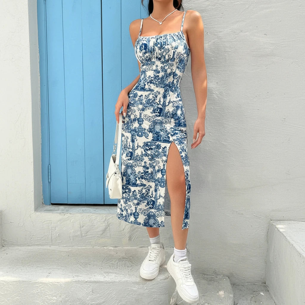 La Dolce Vita – Robe Midi Fendue Imprimé Porcelaine