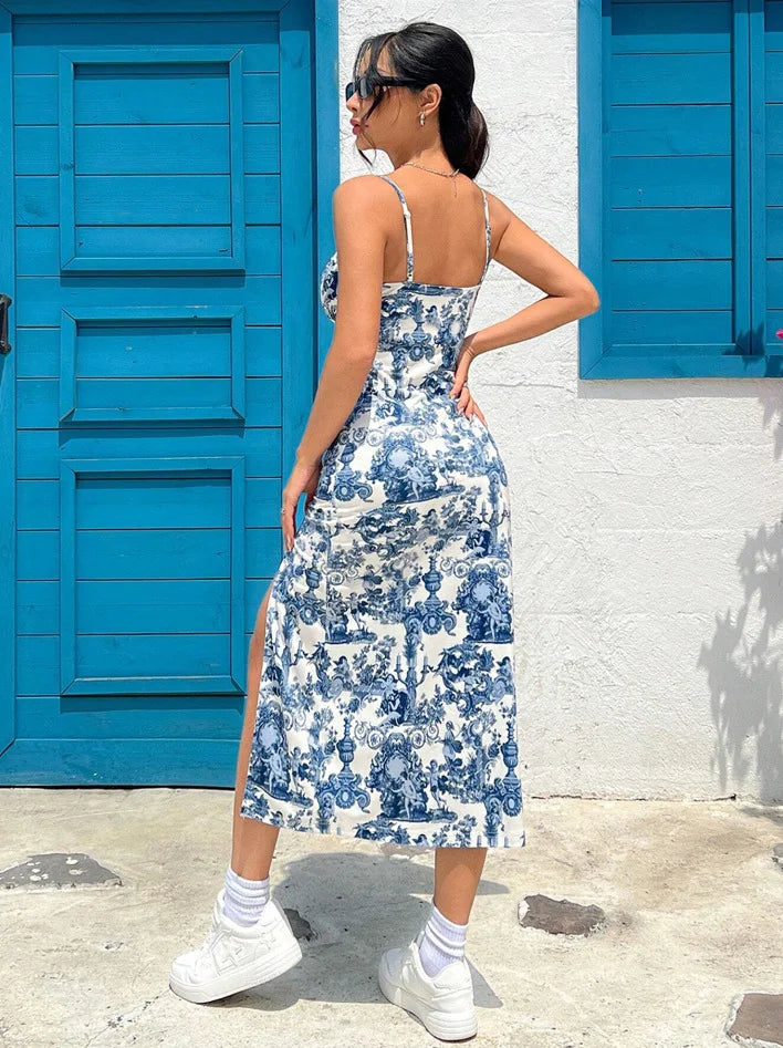 La Dolce Vita – Robe Midi Fendue Imprimé Porcelaine