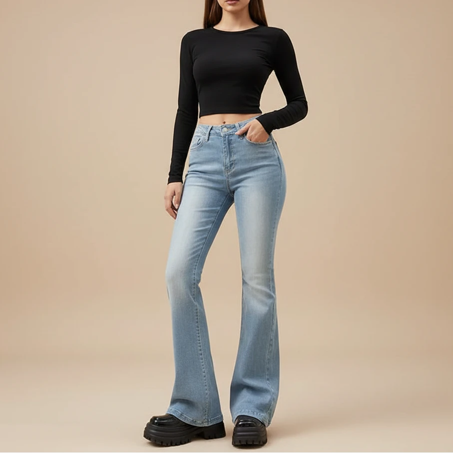 Le Rétro-Chic – Pantalon Jean Flare Taille Haute Délavé