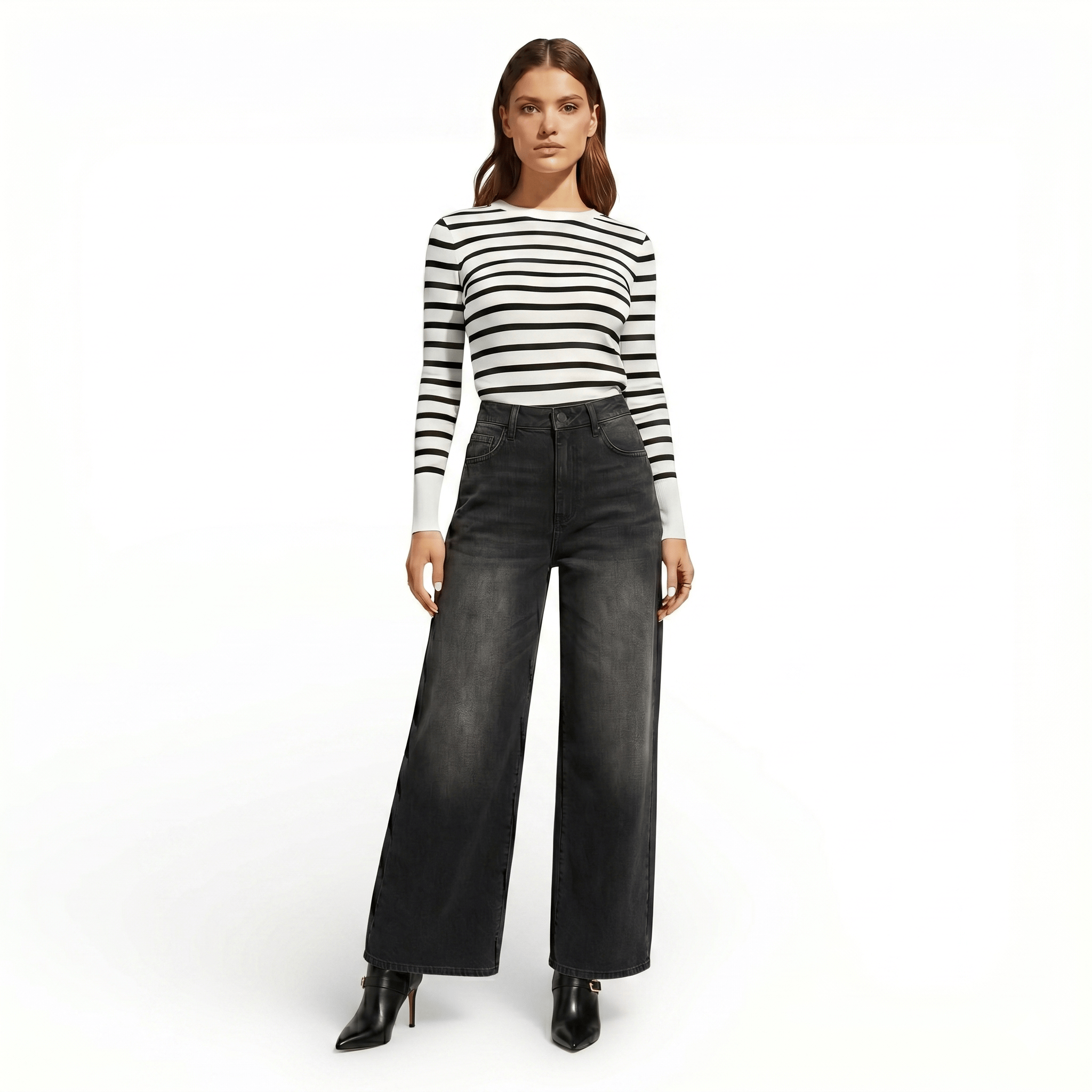 Pantalon en jean femme taille haute, coupe droite en denim noir à effet délavé.