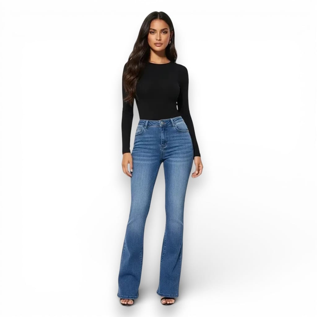 Pantalon taille haute en denim, coupe évasé
