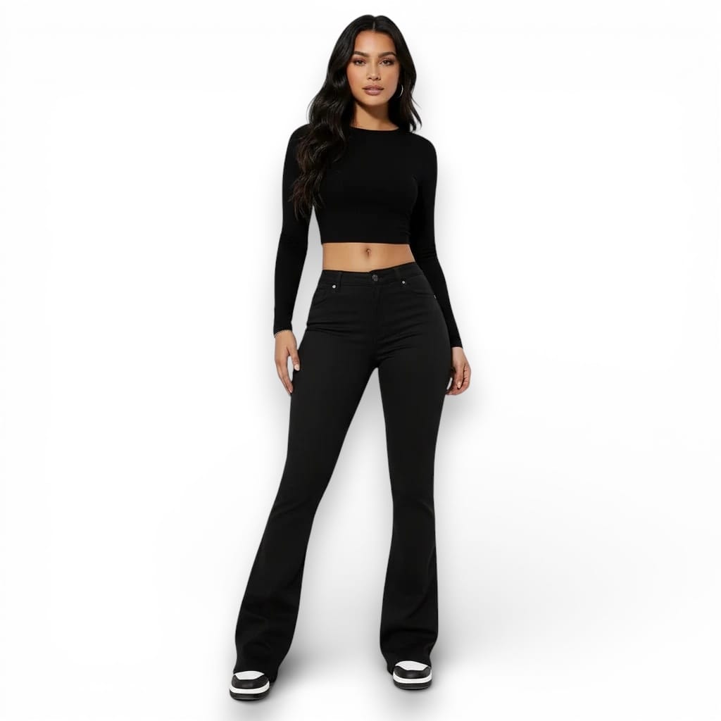 Pantalon taille haute en denim, coupe évasé