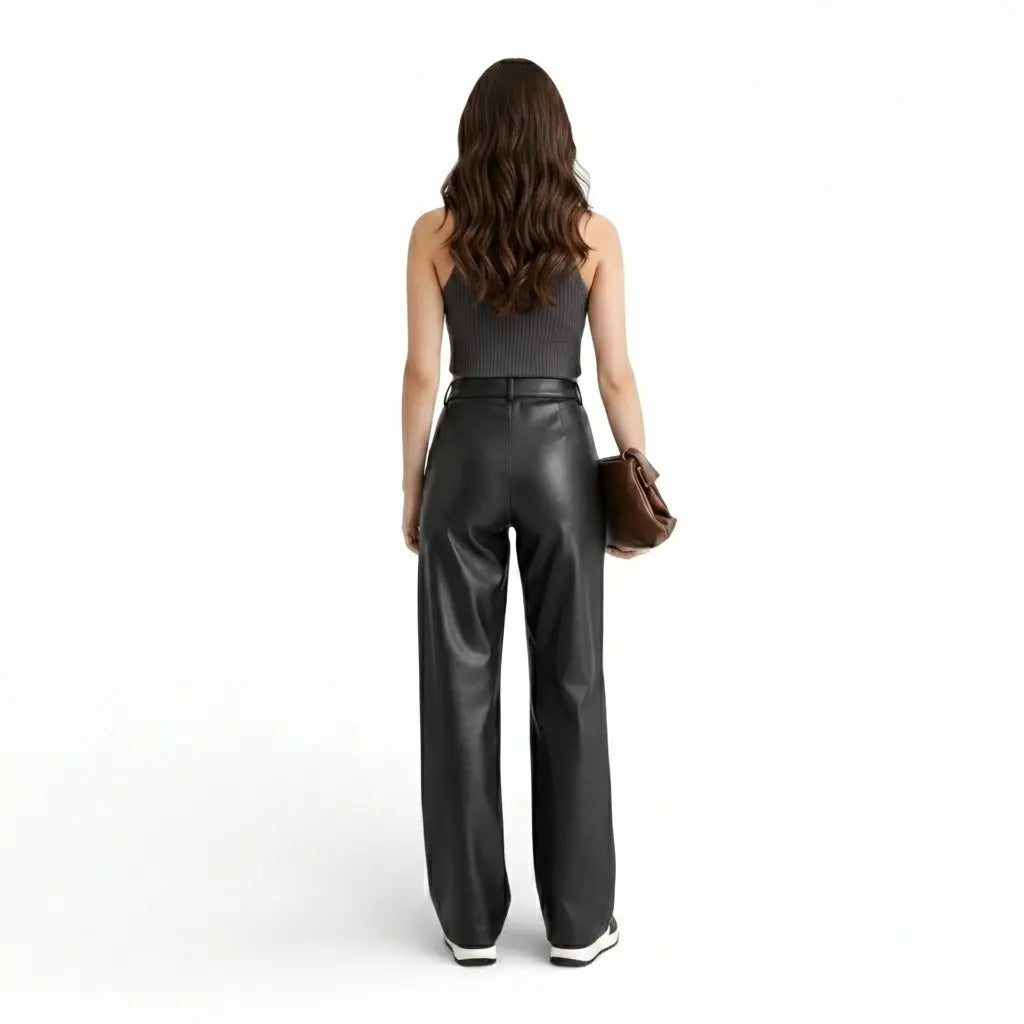 L'Audacieux – Pantalon Large Taille Haute en Simili Cuir