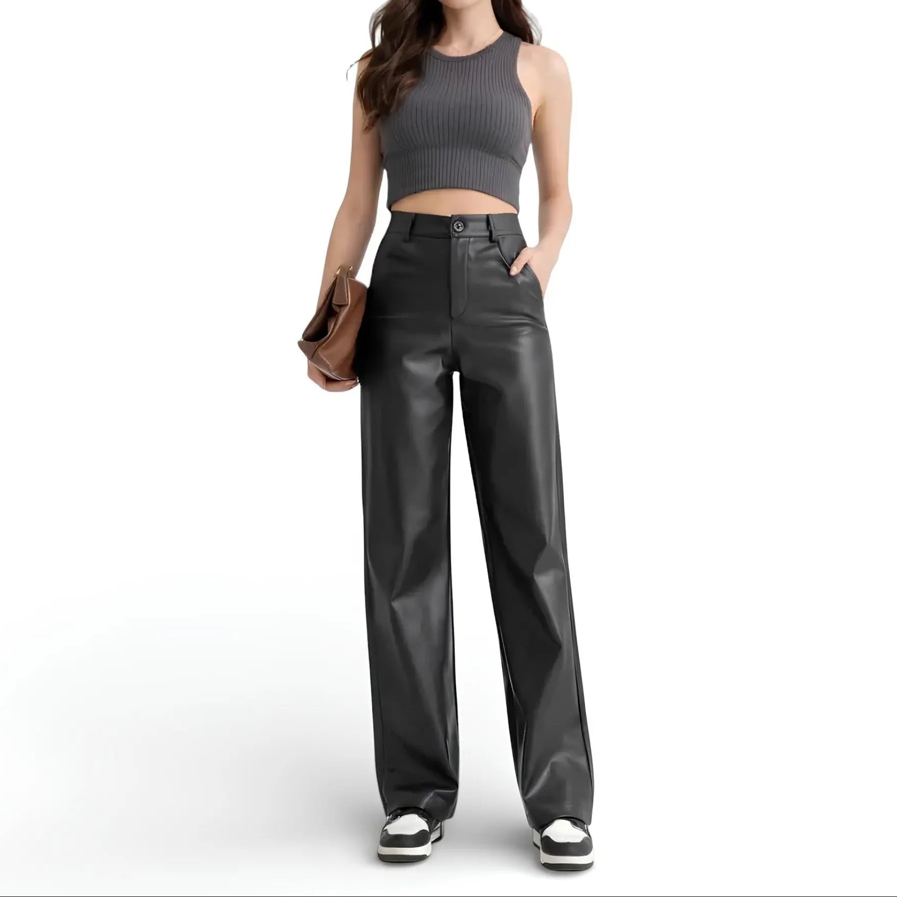 L'Audacieux – Pantalon Large Taille Haute en Simili Cuir