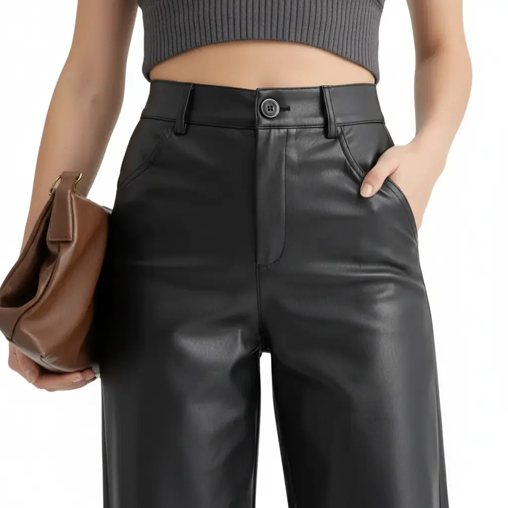 L'Audacieux – Pantalon Large Taille Haute en Simili Cuir