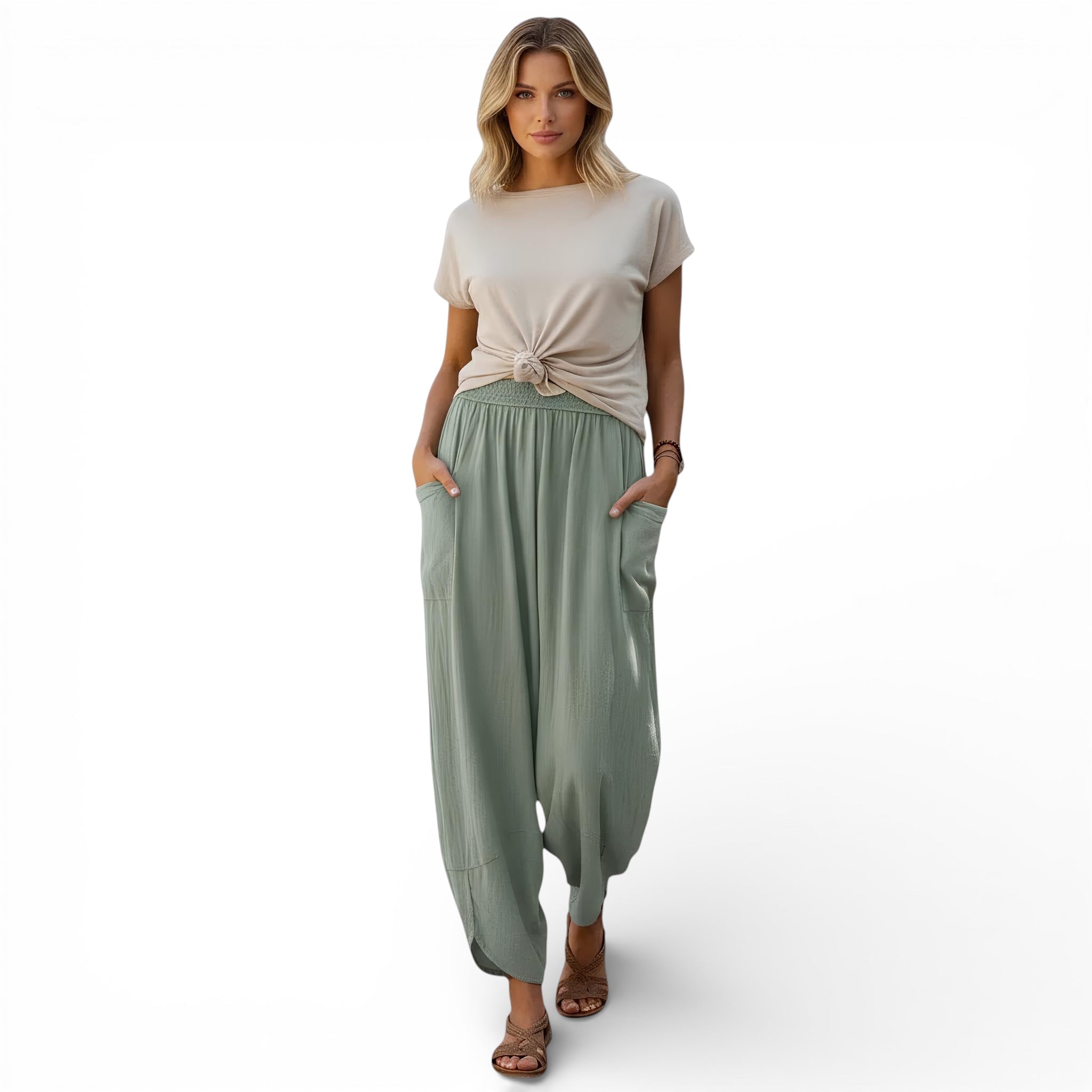 Pantalon  lin mélangé style "boho" vintage taille haute