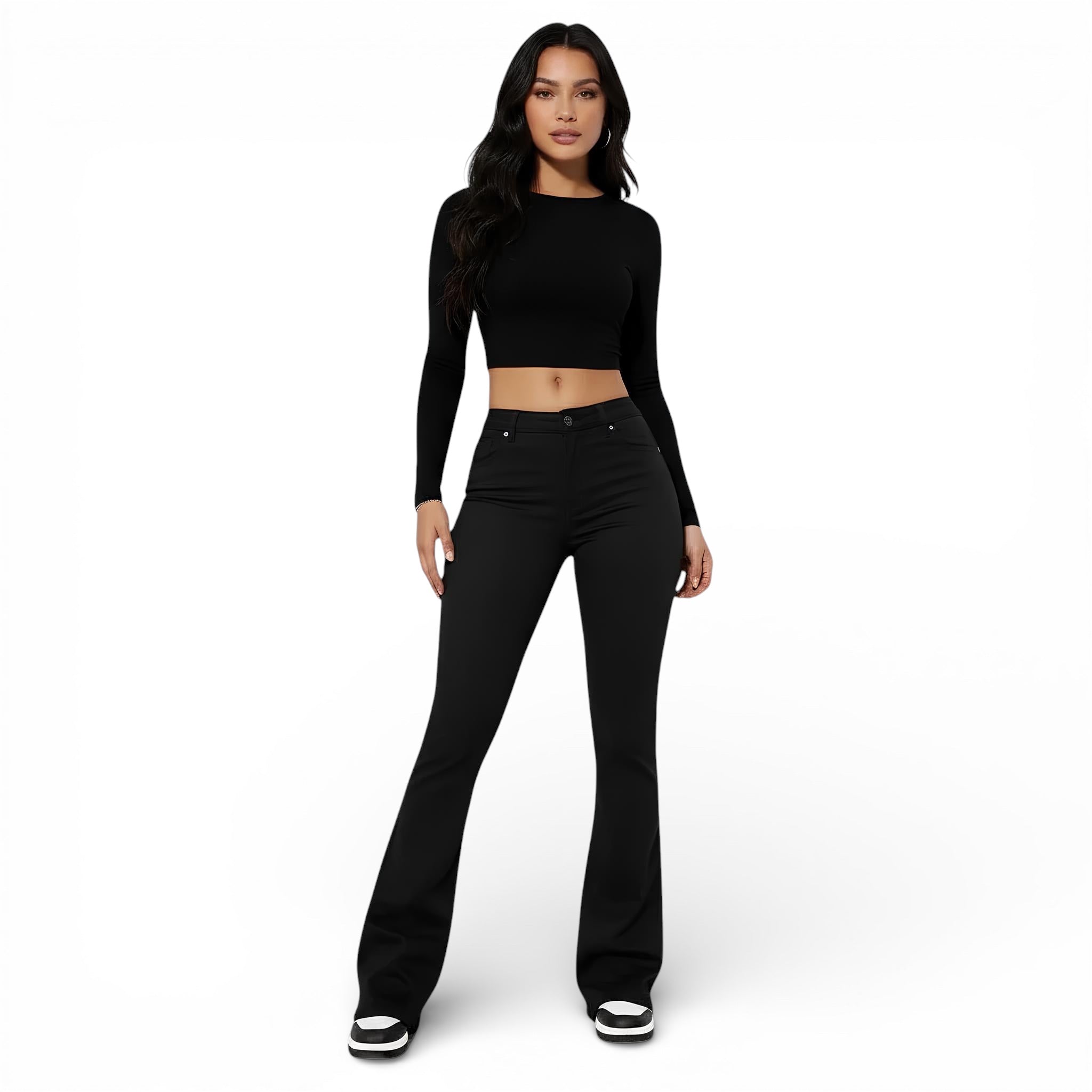 Pantalon jeans taille haute-coupe évasée