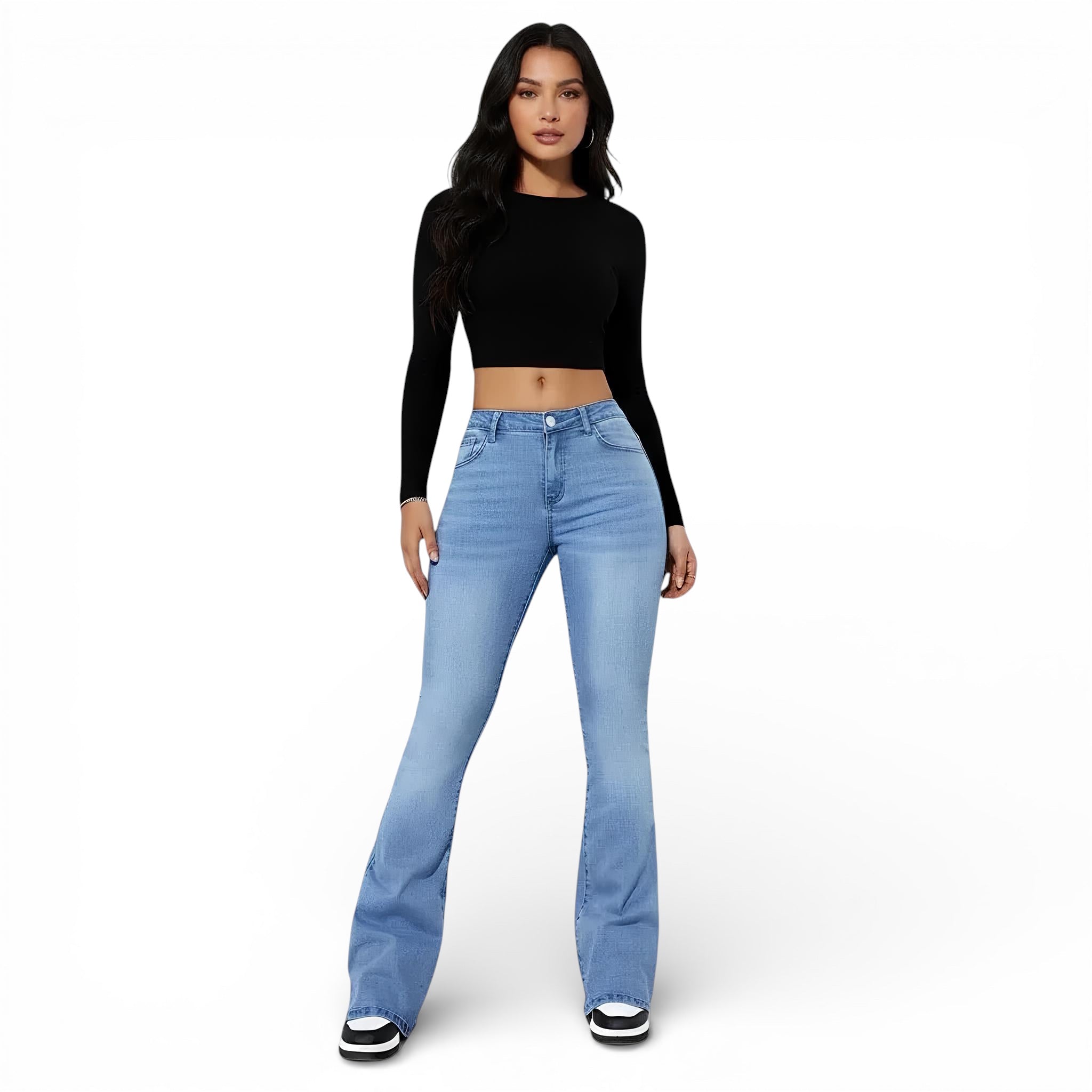 Pantalon jeans taille haute-coupe évasée