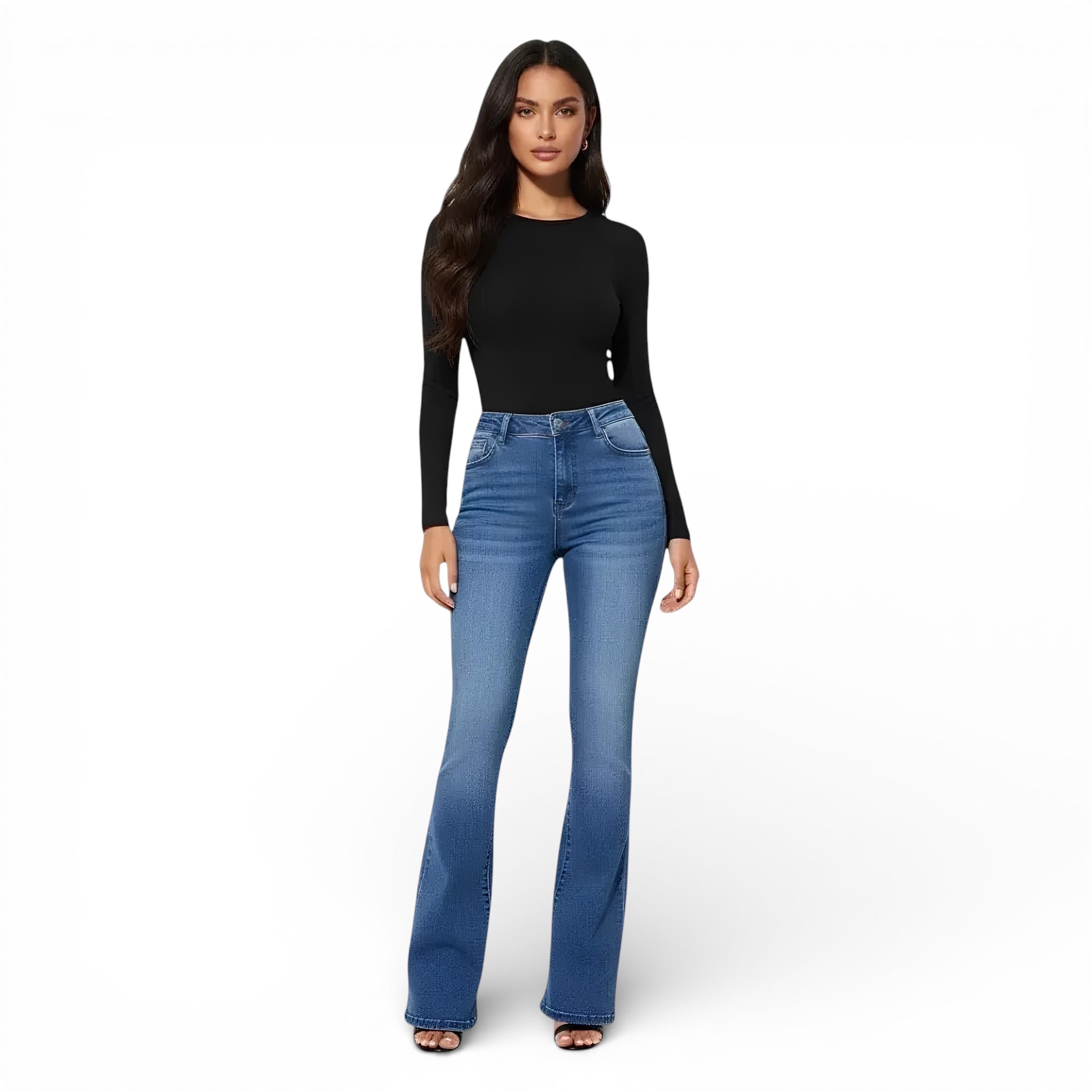 Pantalon jeans taille haute-coupe évasée