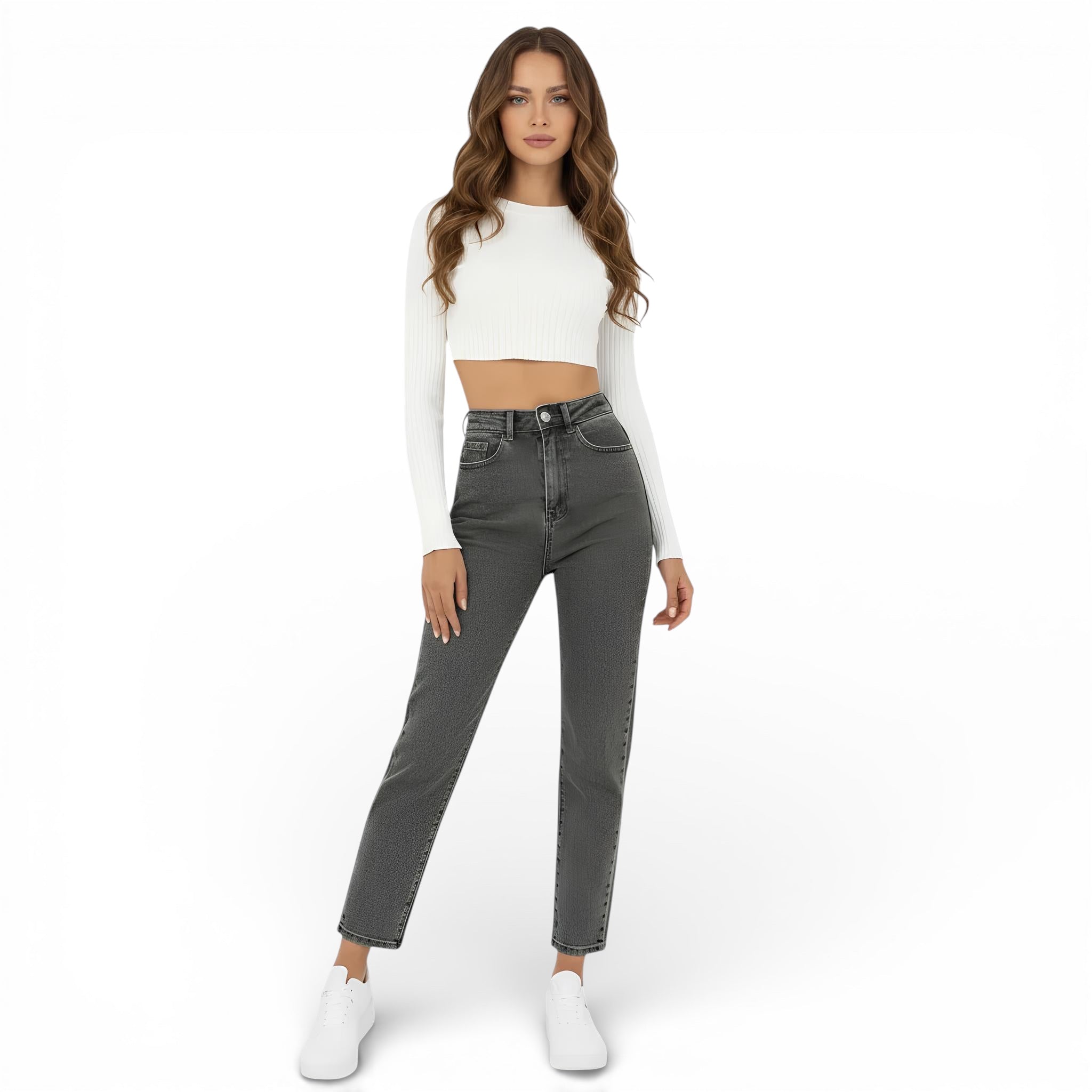 Pantalon jeans taille haute-coupe droite