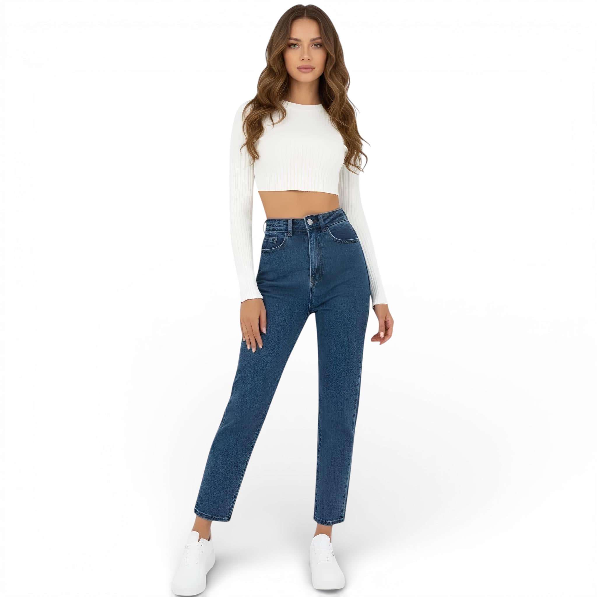 Pantalon jeans taille haute-coupe droite
