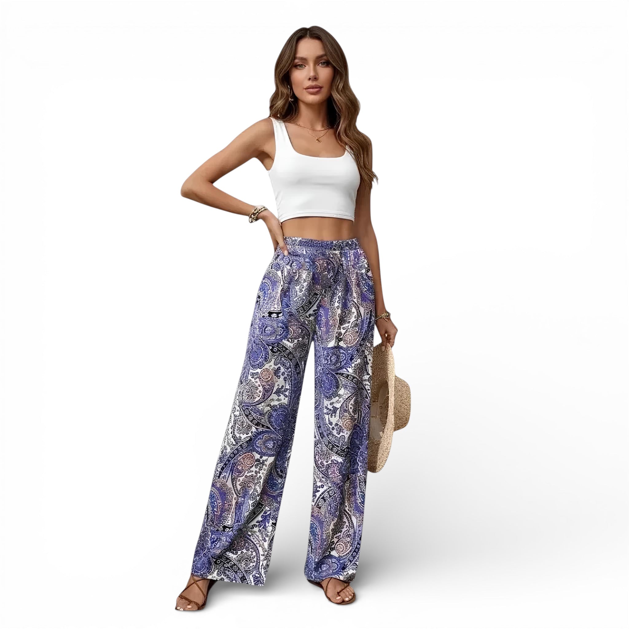 Pantalon Bohème imprimé taille haute-taille élastique