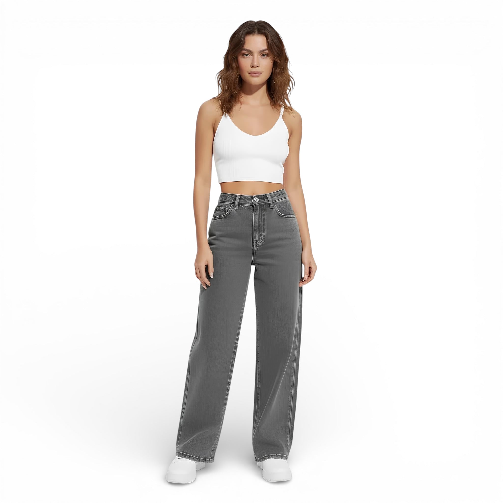 Pantalon jeans taille haute - coupe large
