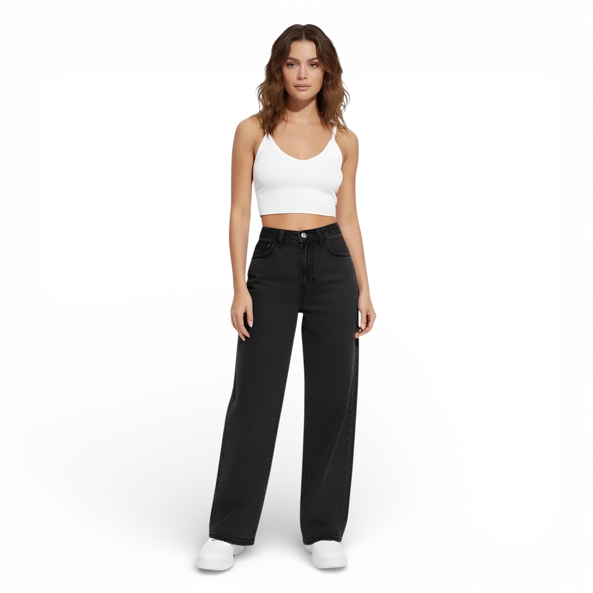 Pantalon jeans taille haute - coupe large