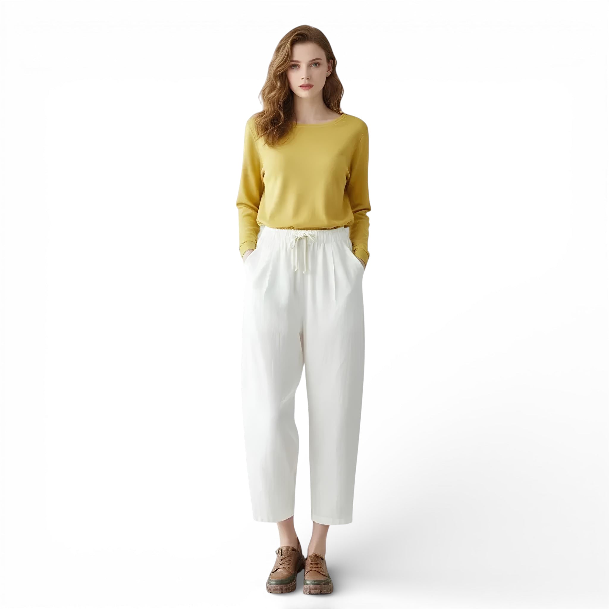 Pantalon court en lin mélangé style vintage taille haute