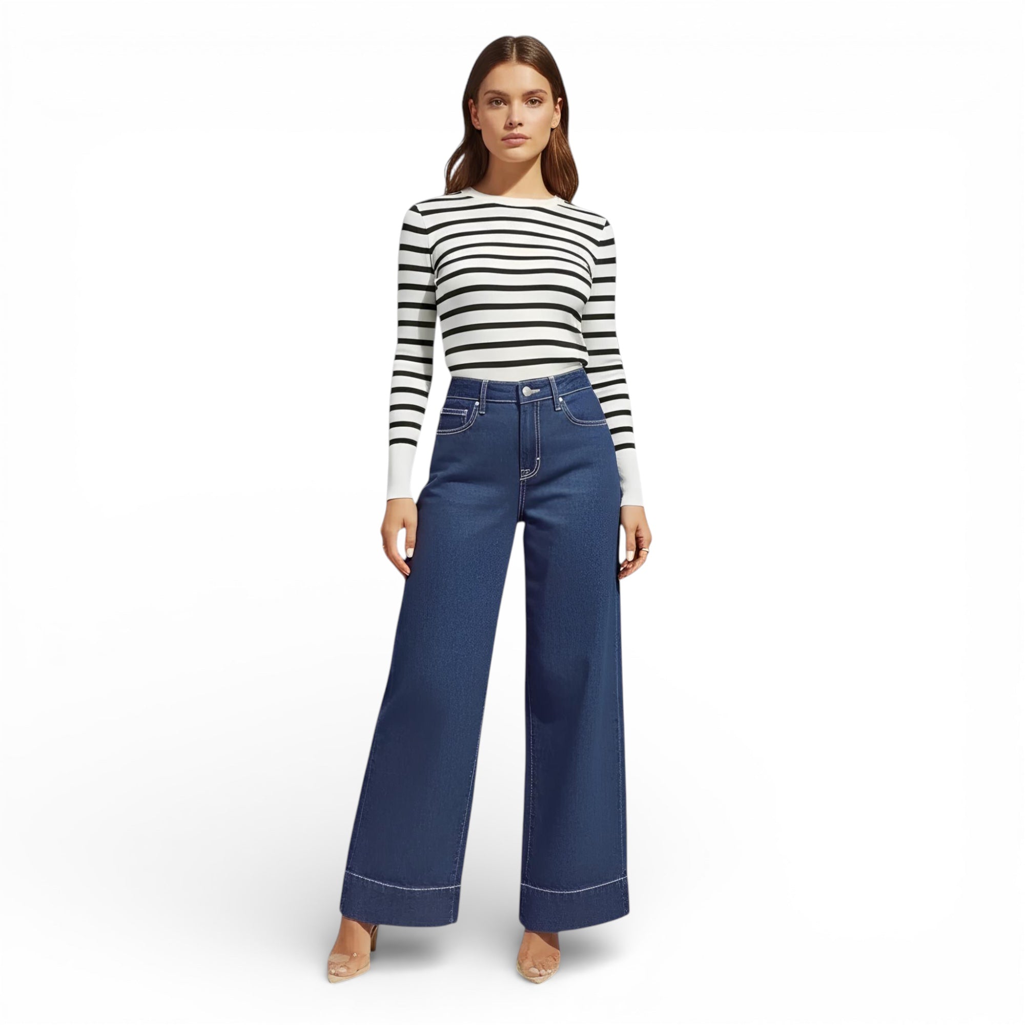 Pantalon jeans classique-taille haute-coupe large