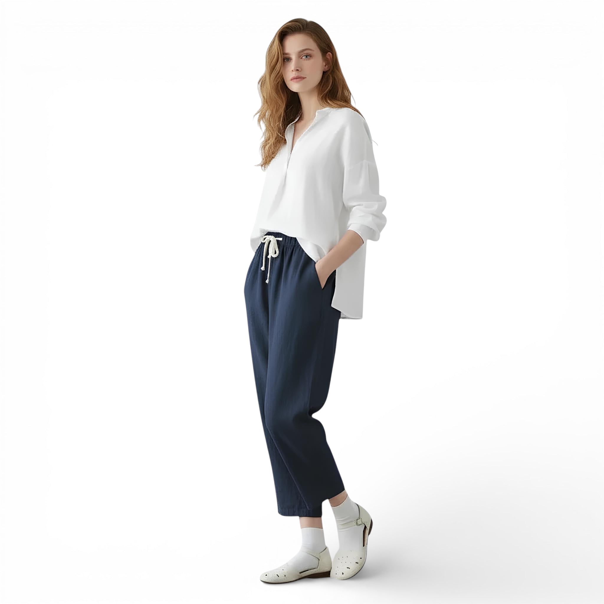 Pantalon court en lin mélangé style vintage taille haute