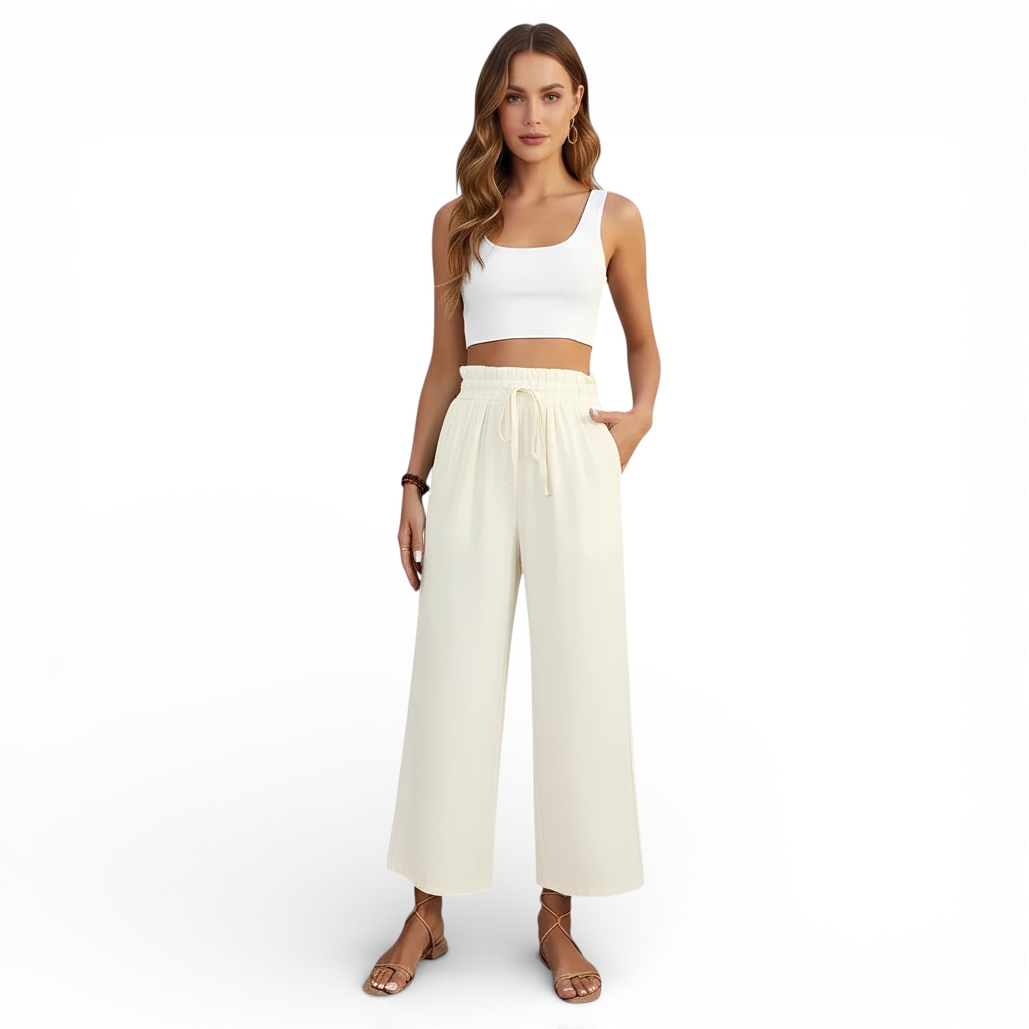 Pantalon fluide taille haute en lin mélangé