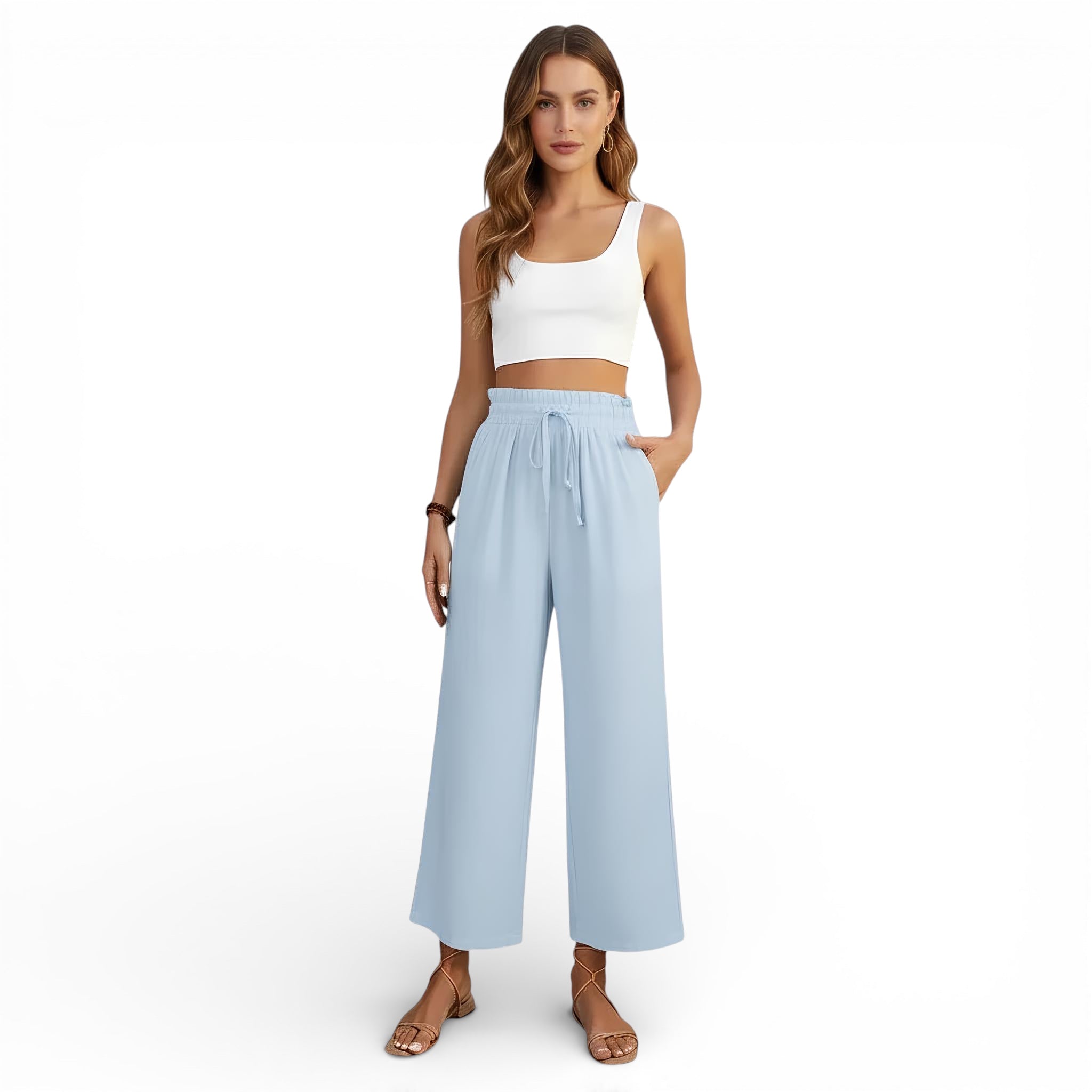 Pantalon fluide taille haute en lin mélangé