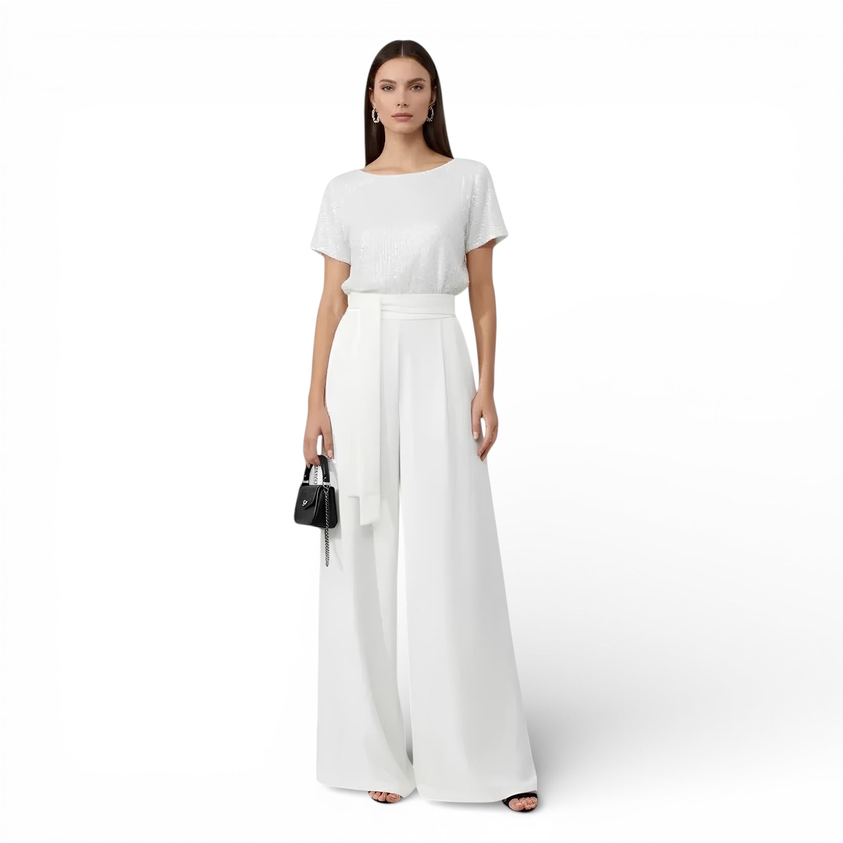 Pantalon large coupe couverte & barboteuse à paillettes manche courte