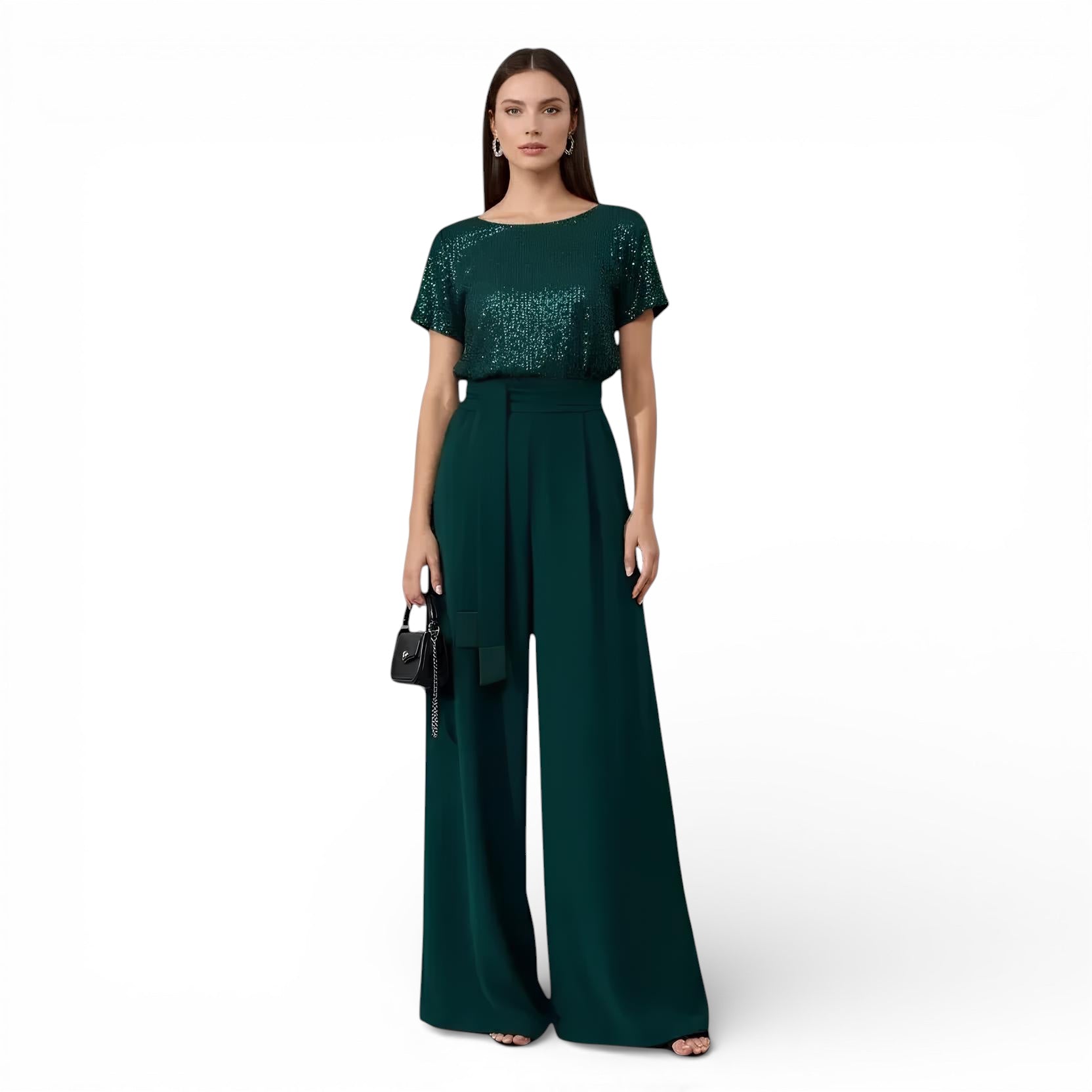 Pantalon large coupe couverte & barboteuse à paillettes manche courte