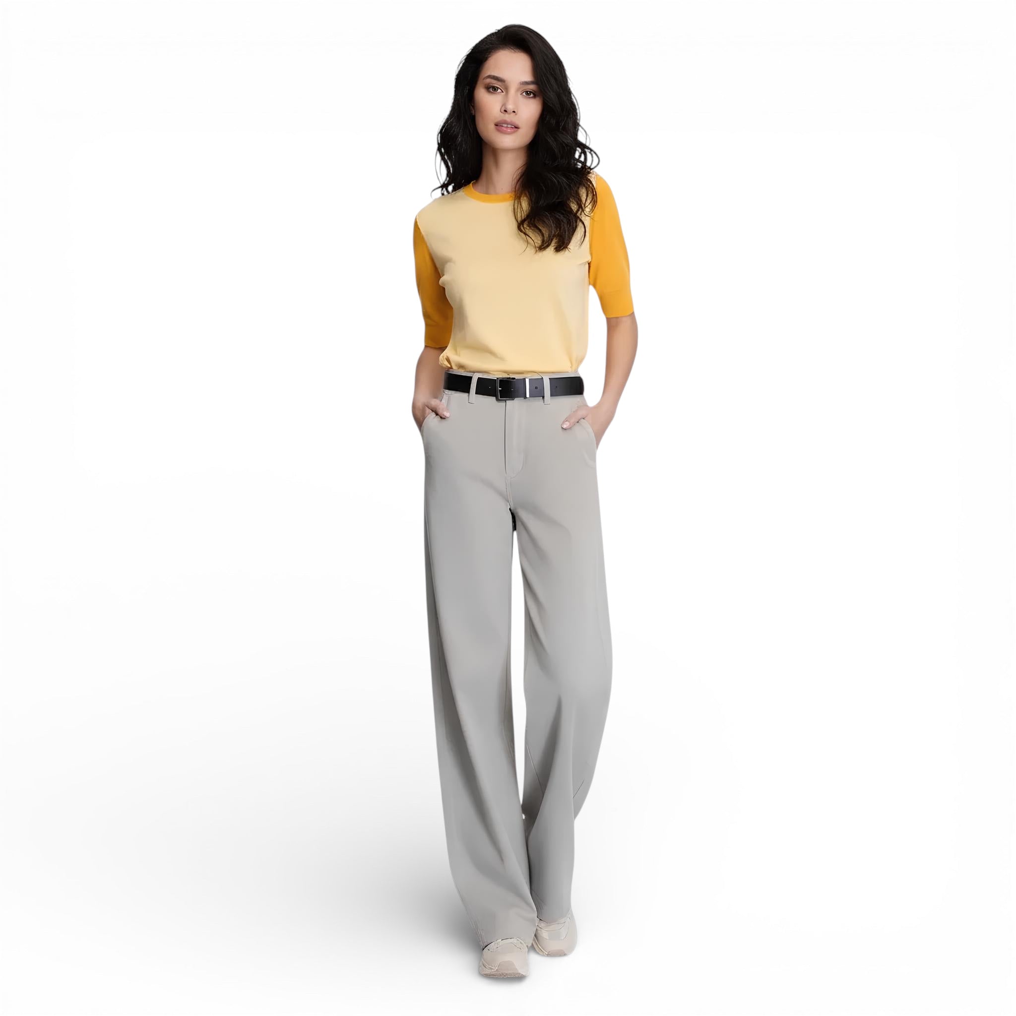 Pantalon jeans large-taille haute-lame droite