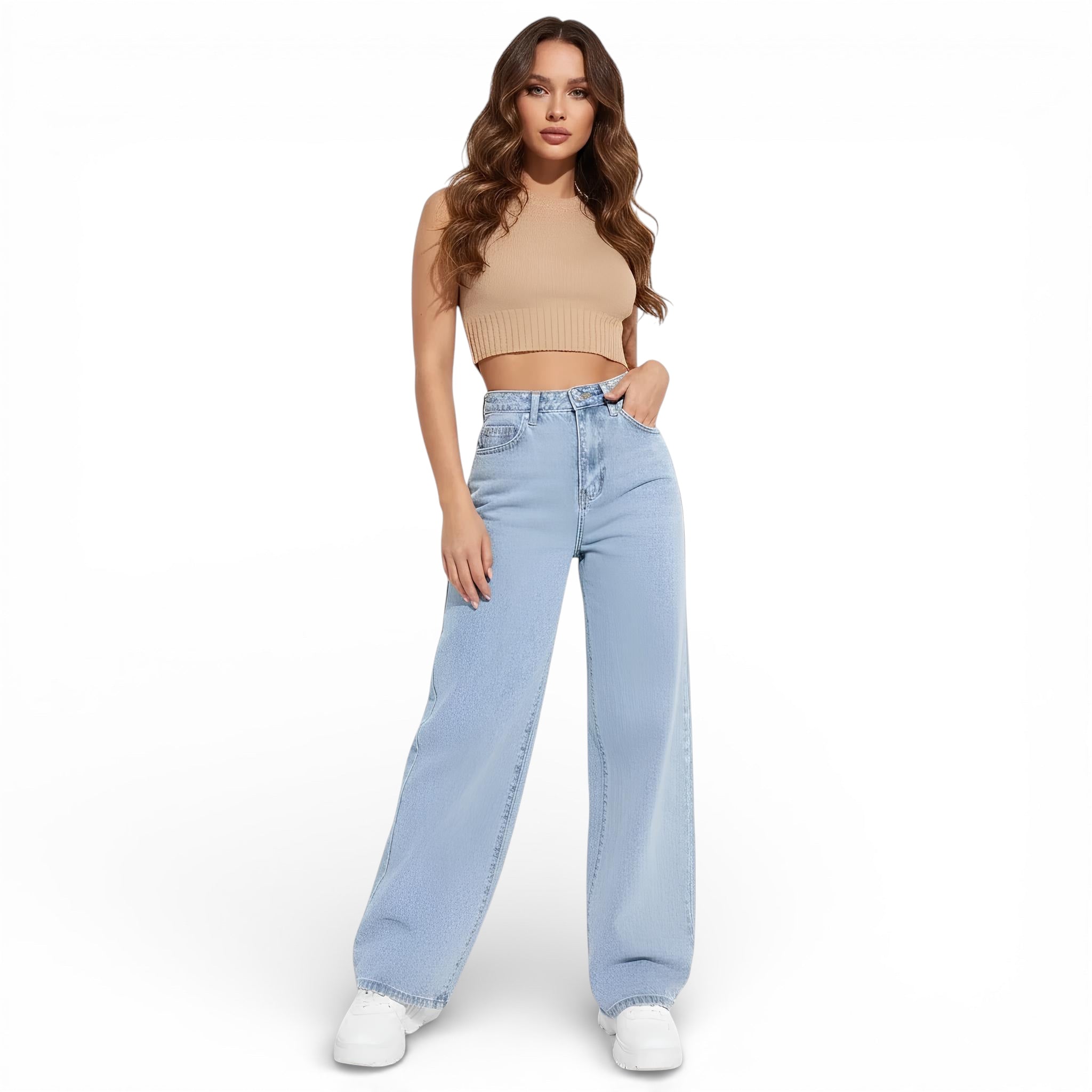 Pantalon jeans taille haute - coupe large