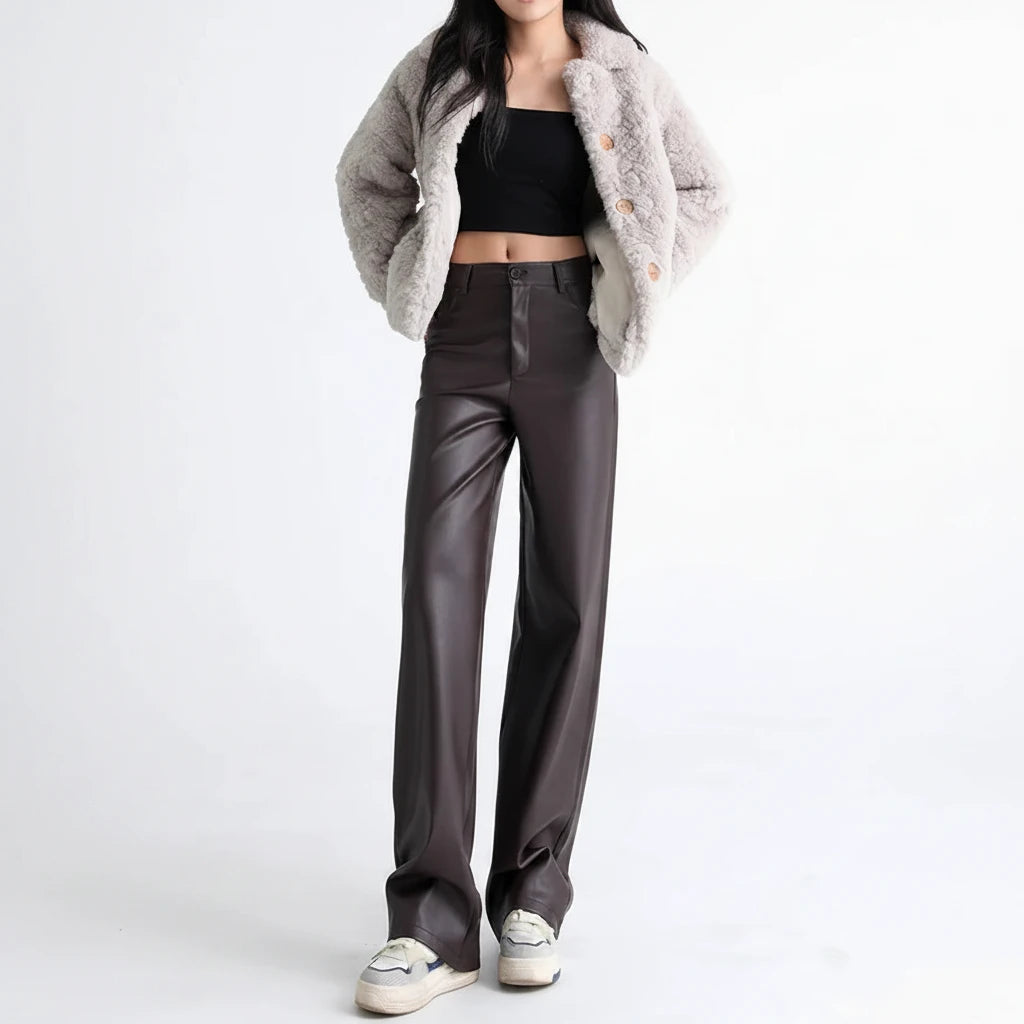 L'Audacieux – Pantalon Large Taille Haute en Simili Cuir