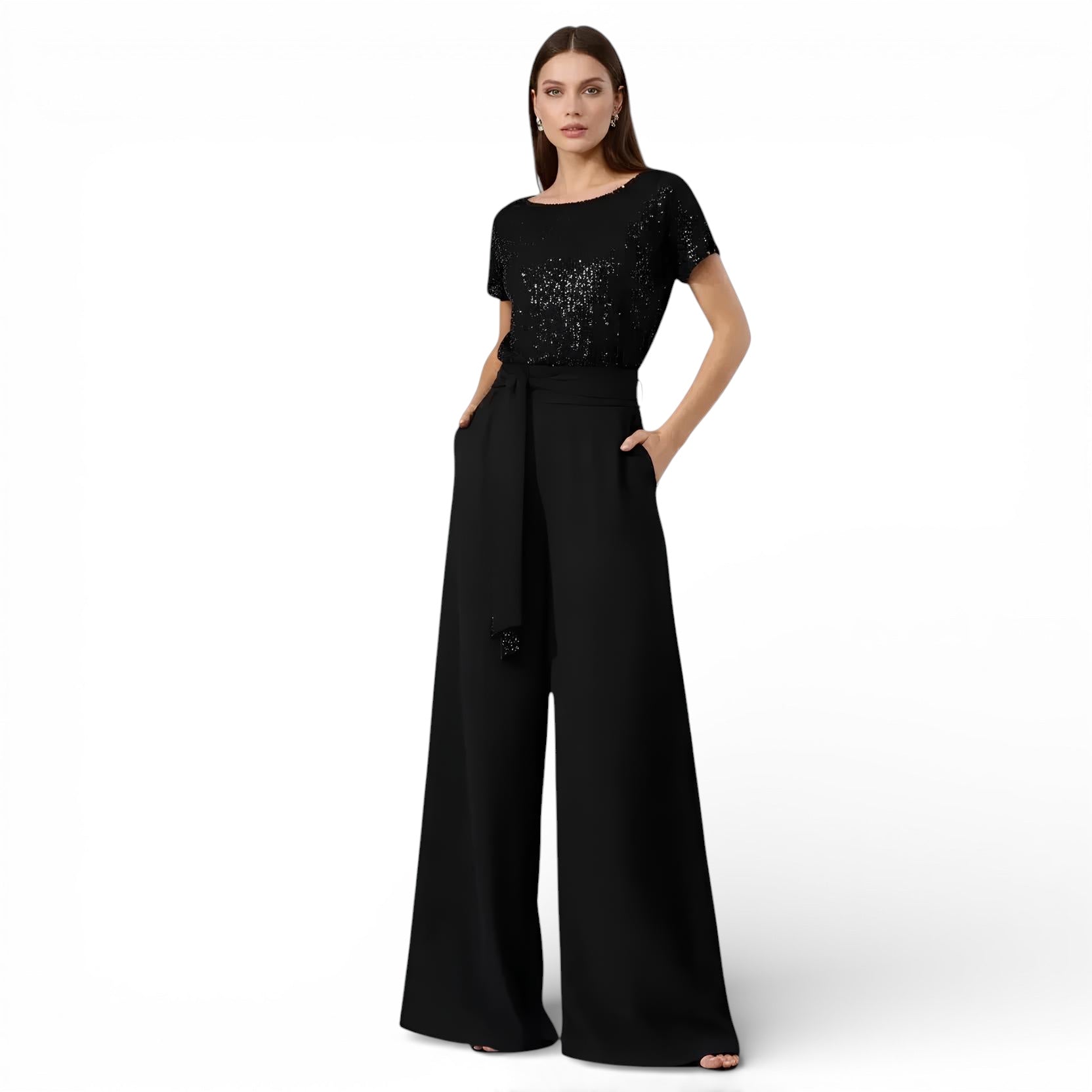 Pantalon large coupe couverte & barboteuse à paillettes manche courte