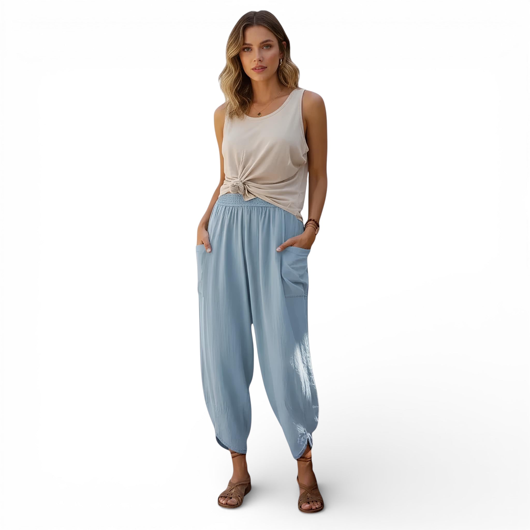 Pantalon  lin mélangé style "boho" vintage taille haute