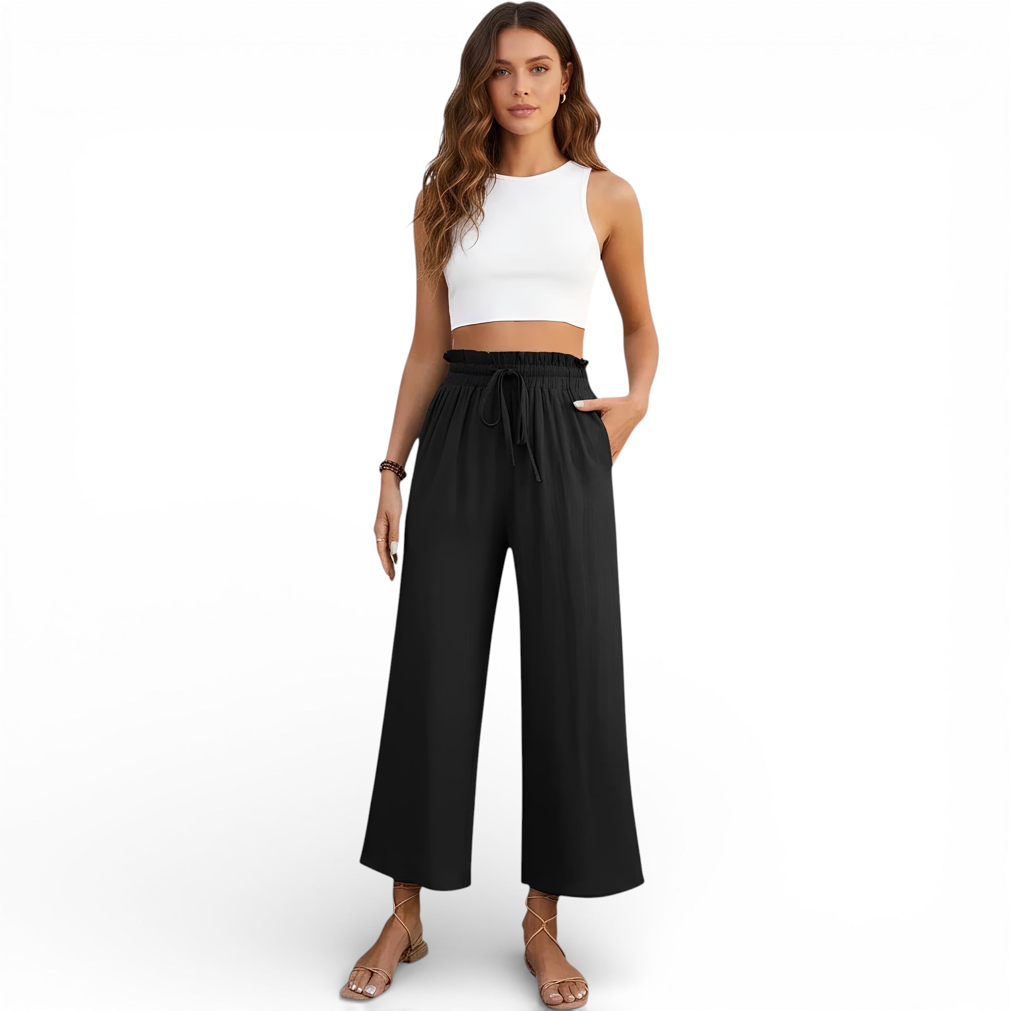 Pantalon fluide taille haute en lin mélangé