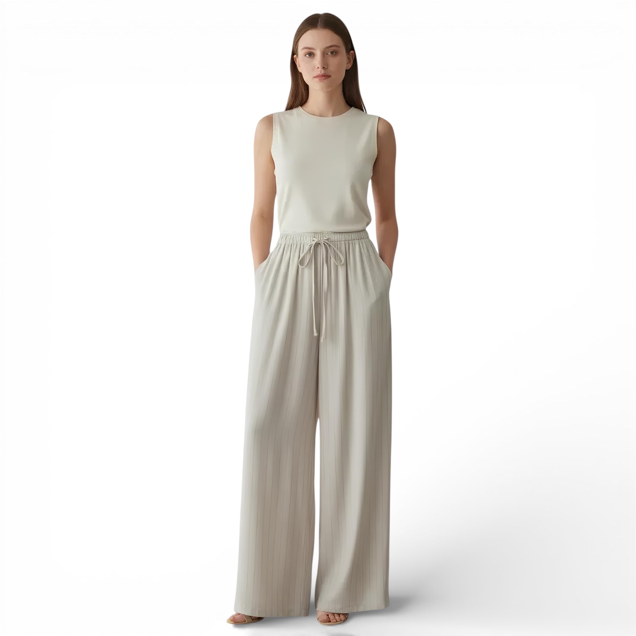 Pantalon en lin mélangé à rayures taille haute jambe large