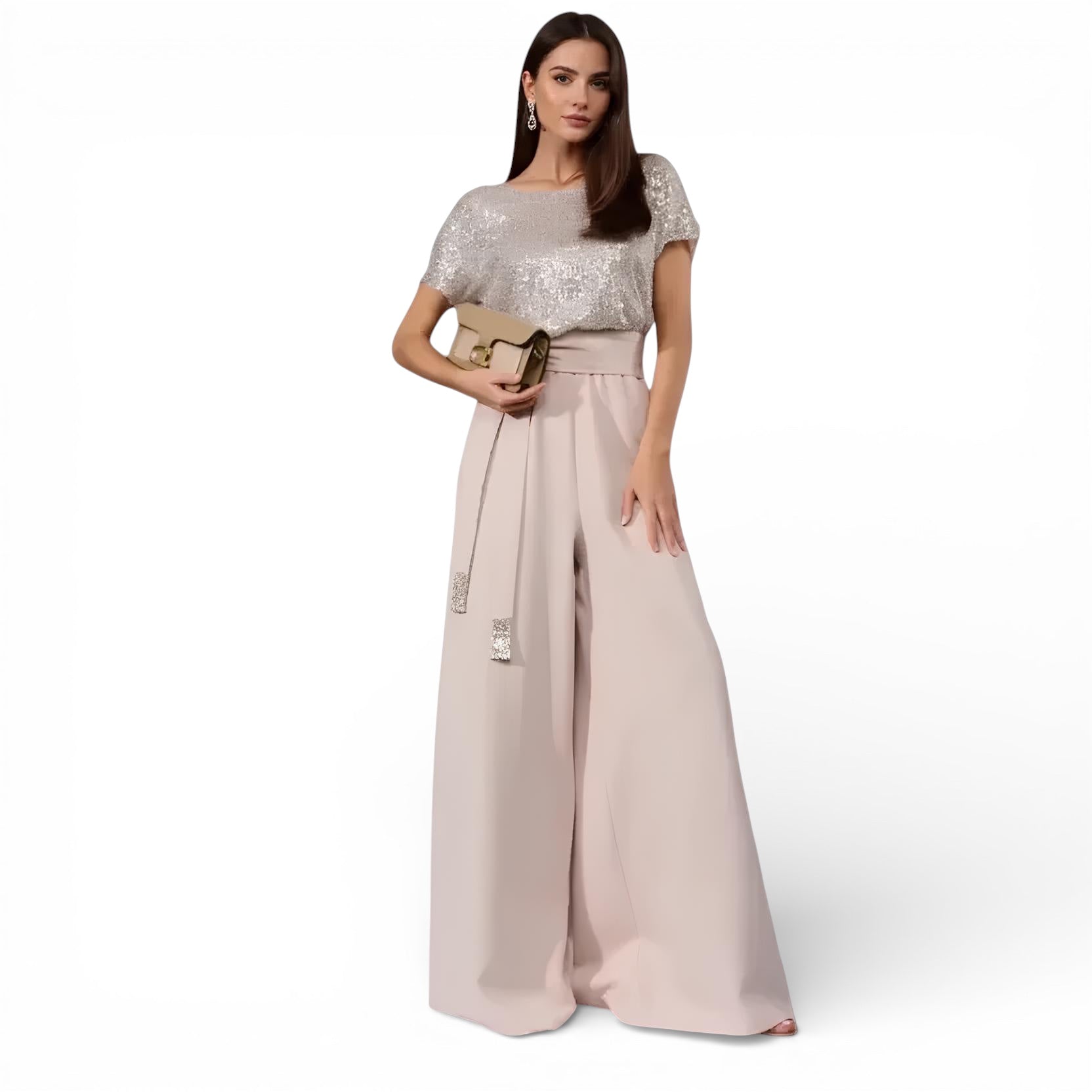 Pantalon large coupe couverte & barboteuse à paillettes manche courte