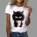 T-shirt manches courtes col rond femme, estival et décontracté, avec chat drôle, blanc imprimé LUNAVIA PANTS