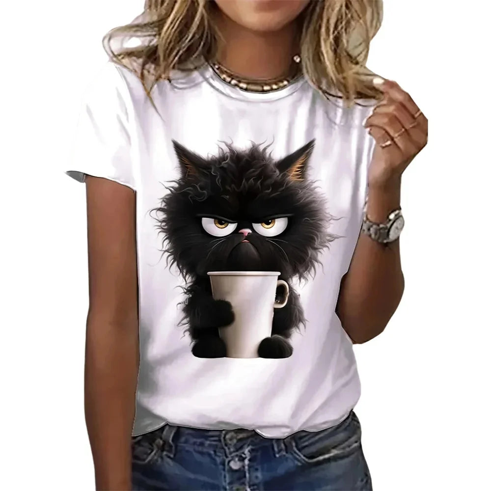 T-shirt manches courtes col rond femme, estival et décontracté, avec chat drôle, blanc imprimé LUNAVIA PANTS