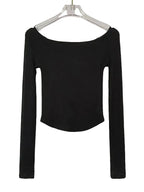 T-shirt sexy à col asymétrique pour femme, en coton, manches longues, coupe courte, slim, noir et blanc, collection 2026 LUNAVIA PANTS