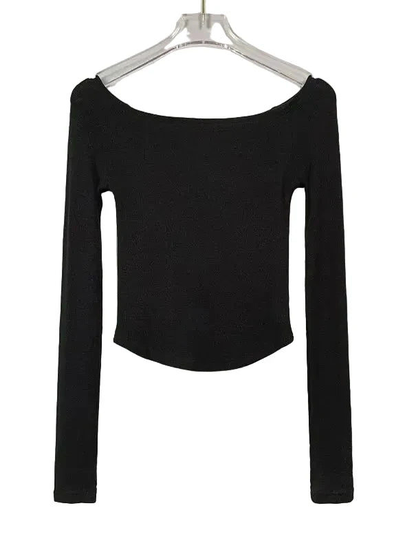 T-shirt sexy à col asymétrique pour femme, en coton, manches longues, coupe courte, slim, noir et blanc, collection 2026 LUNAVIA PANTS