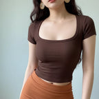 Haut court à col carré pour femmes, coupe cintrée, pull à manches courtes, très extensible, T-shirt pour le fond LUNAVIA PANTS